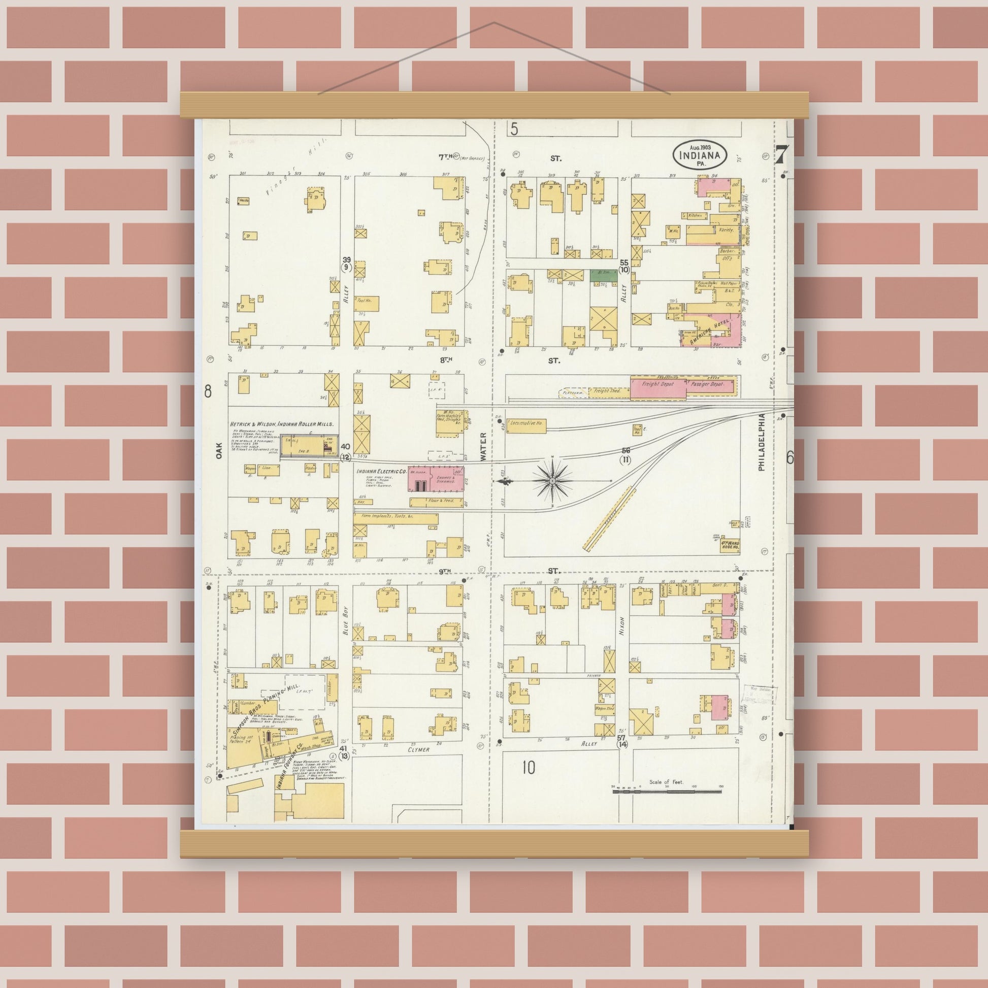 Old map wall art mockup — magnetic wood frame on brick wall — Sanborn Fire Insurance Map from Indiana, Indiana County, Pennsylvania (1903), Sheet #0007