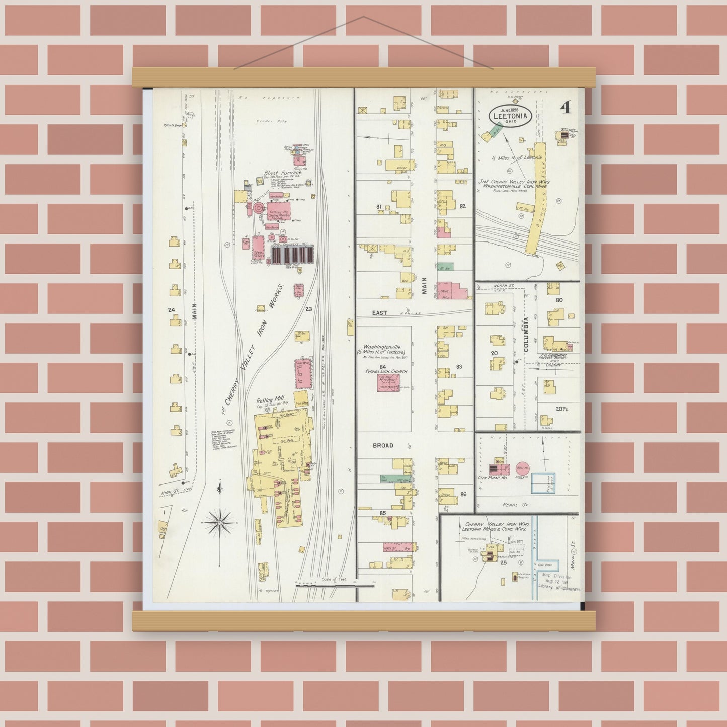 Old map wall art mockup — magnetic wood frame on brick wall — Sanborn Fire Insurance Map from Leetonia, Columbiana County, Ohio (1898), Sheet #0004