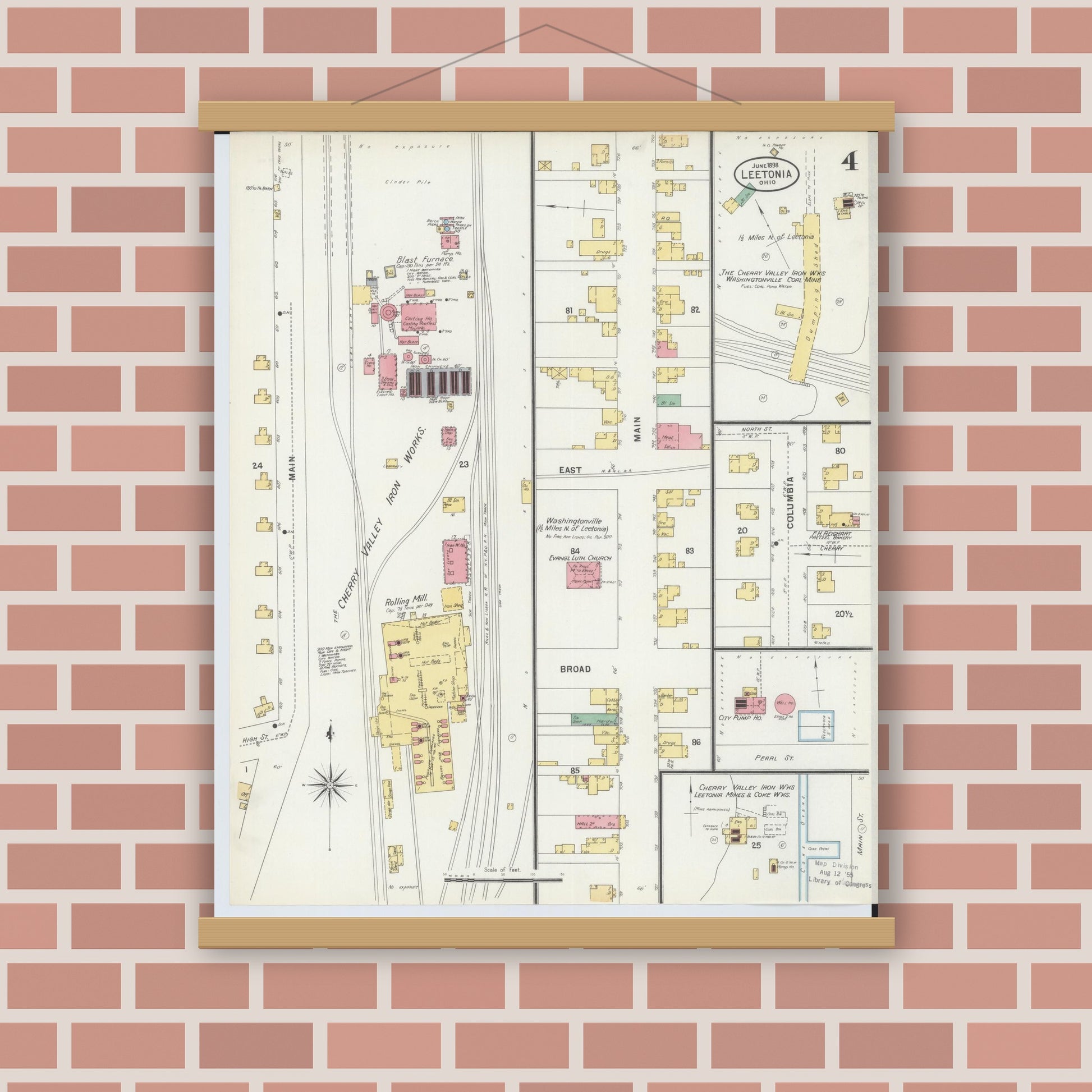 Old map wall art mockup — magnetic wood frame on brick wall — Sanborn Fire Insurance Map from Leetonia, Columbiana County, Ohio (1898), Sheet #0004
