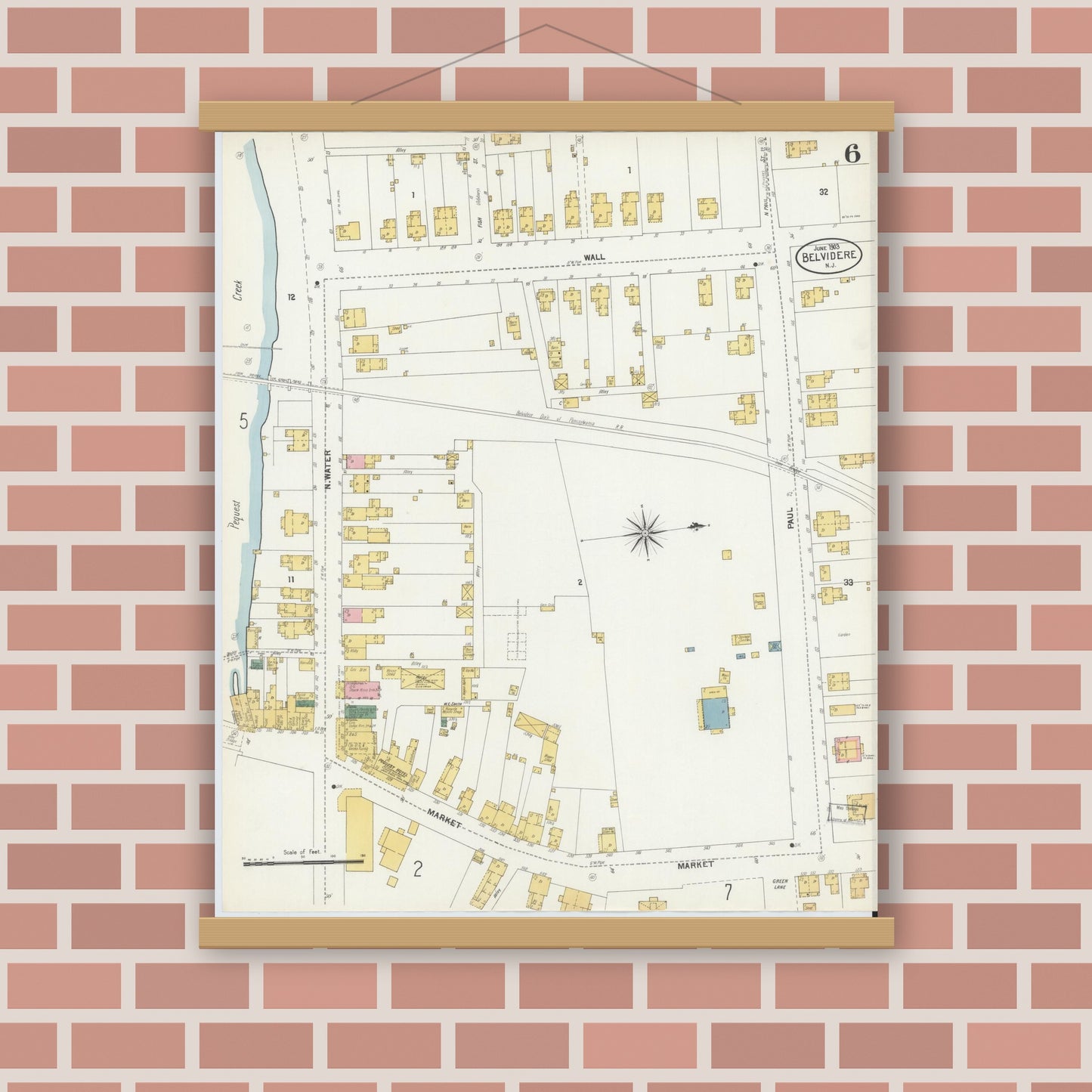 Old map wall art mockup — magnetic wood frame on brick wall — Sanborn Fire Insurance Map from Belvidere, Warren County, New Jersey (1903), Sheet #0006