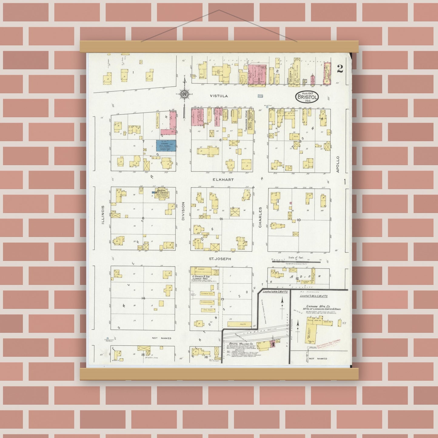 Old map wall art mockup — magnetic wood frame on brick wall — Sanborn Fire Insurance Map from Bristol, Elkhart County, Indiana (1917), Sheet #0002