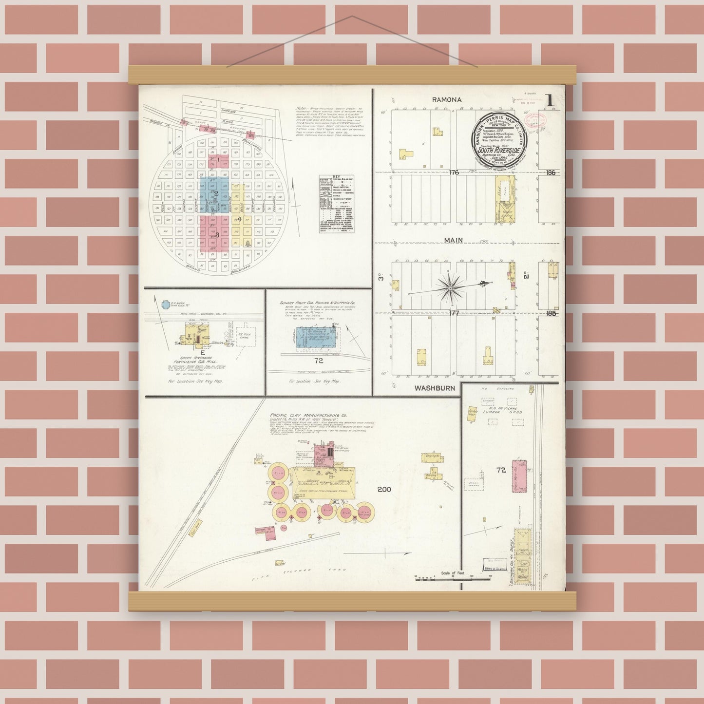 Old map wall art mockup — magnetic wood frame on brick wall — Sanborn Fire Insurance Map from South Riverside, Riverside County, California (1895) - Complete Map Set