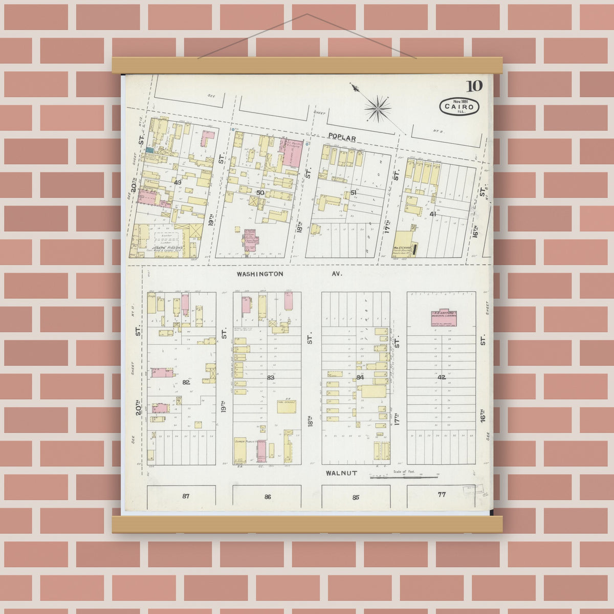 Old map wall art mockup — magnetic wood frame on brick wall — Sanborn Fire Insurance Map from Cairo, Alexander County, Illinois (1891), Sheet #0010