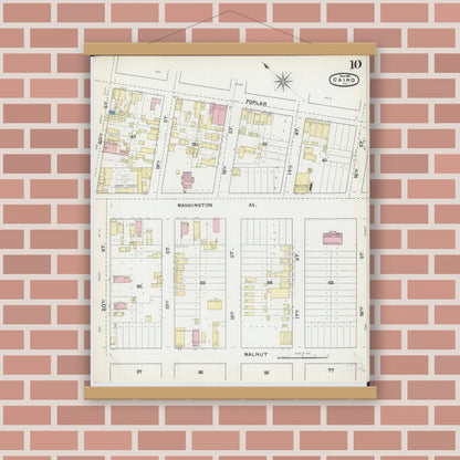 Old map wall art mockup — magnetic wood frame on brick wall — Sanborn Fire Insurance Map from Cairo, Alexander County, Illinois (1891), Sheet #0010