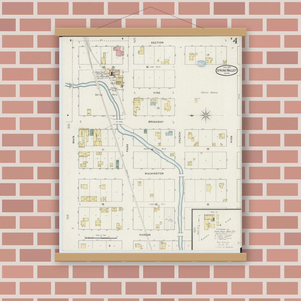 Old map wall art mockup — magnetic wood frame on brick wall — Sanborn Fire Insurance Map from Spring Valley, Fillmore County, Minnesota (1894), Sheet #0004