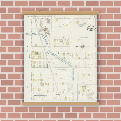 Old map wall art mockup — magnetic wood frame on brick wall — Sanborn Fire Insurance Map from Spring Valley, Fillmore County, Minnesota (1894), Sheet #0004