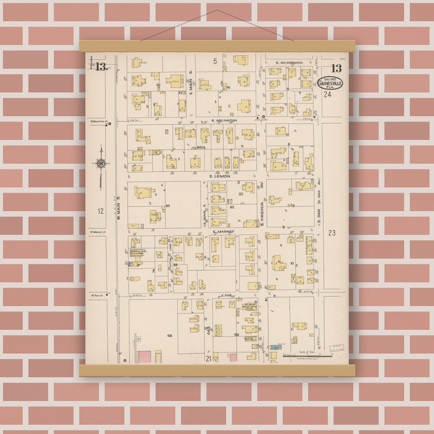 Old map wall art mockup — magnetic wood frame on brick wall — Sanborn Fire Insurance Map from Gainesville, Alachua County, Florida (1922), Sheet #0013