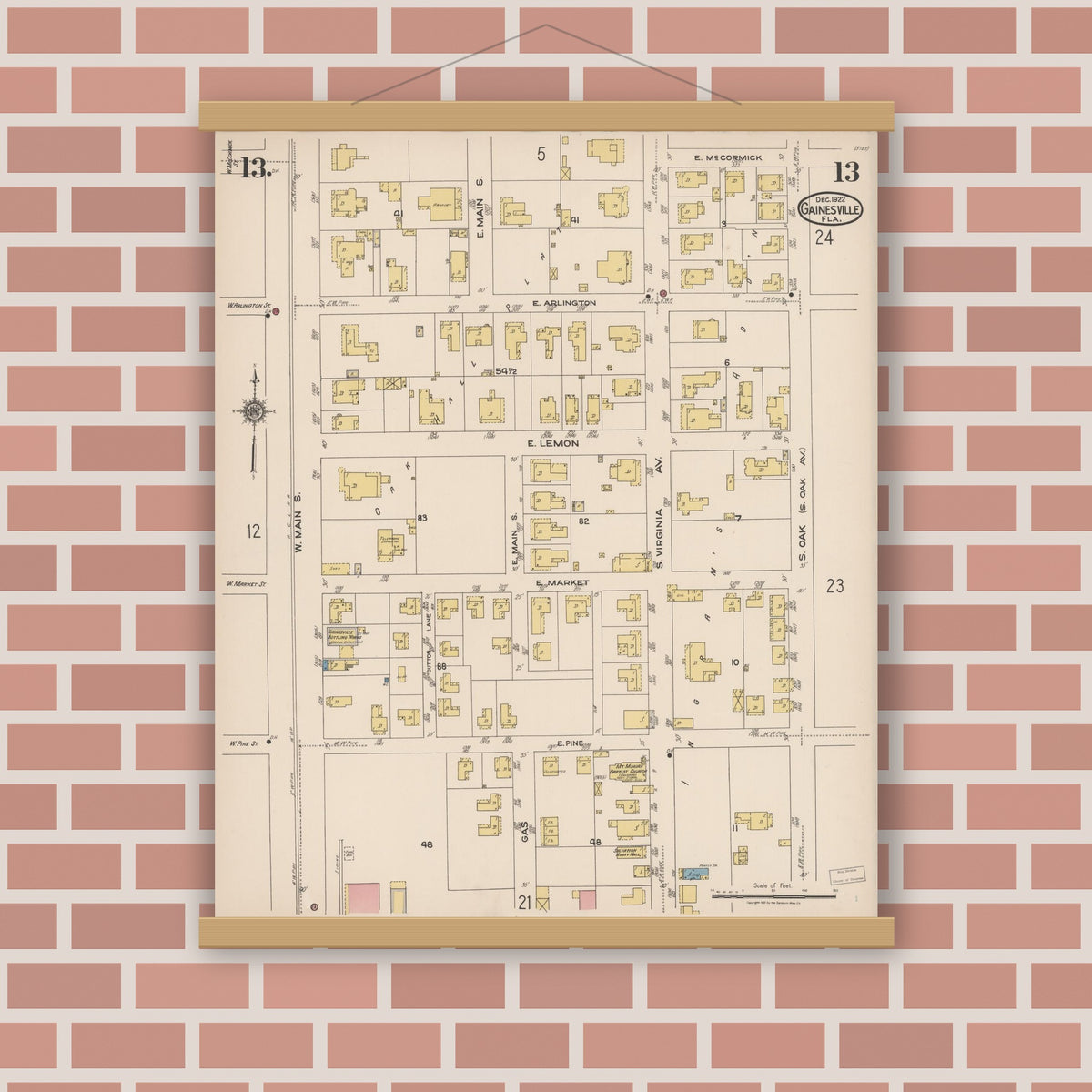 Old map wall art mockup — magnetic wood frame on brick wall — Sanborn Fire Insurance Map from Gainesville, Alachua County, Florida (1922), Sheet #0013