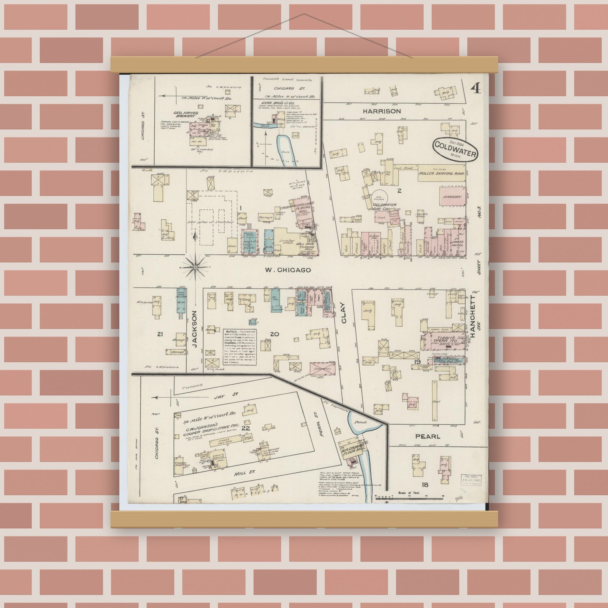 Old map wall art mockup — magnetic wood frame on brick wall — Sanborn Fire Insurance Map from Coldwater, Branch County, Michigan (1884), Sheet #0004