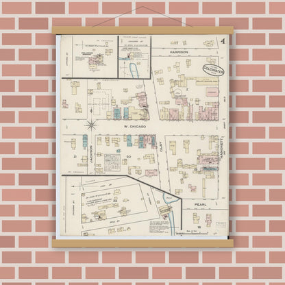 Old map wall art mockup — magnetic wood frame on brick wall — Sanborn Fire Insurance Map from Coldwater, Branch County, Michigan (1884), Sheet #0004