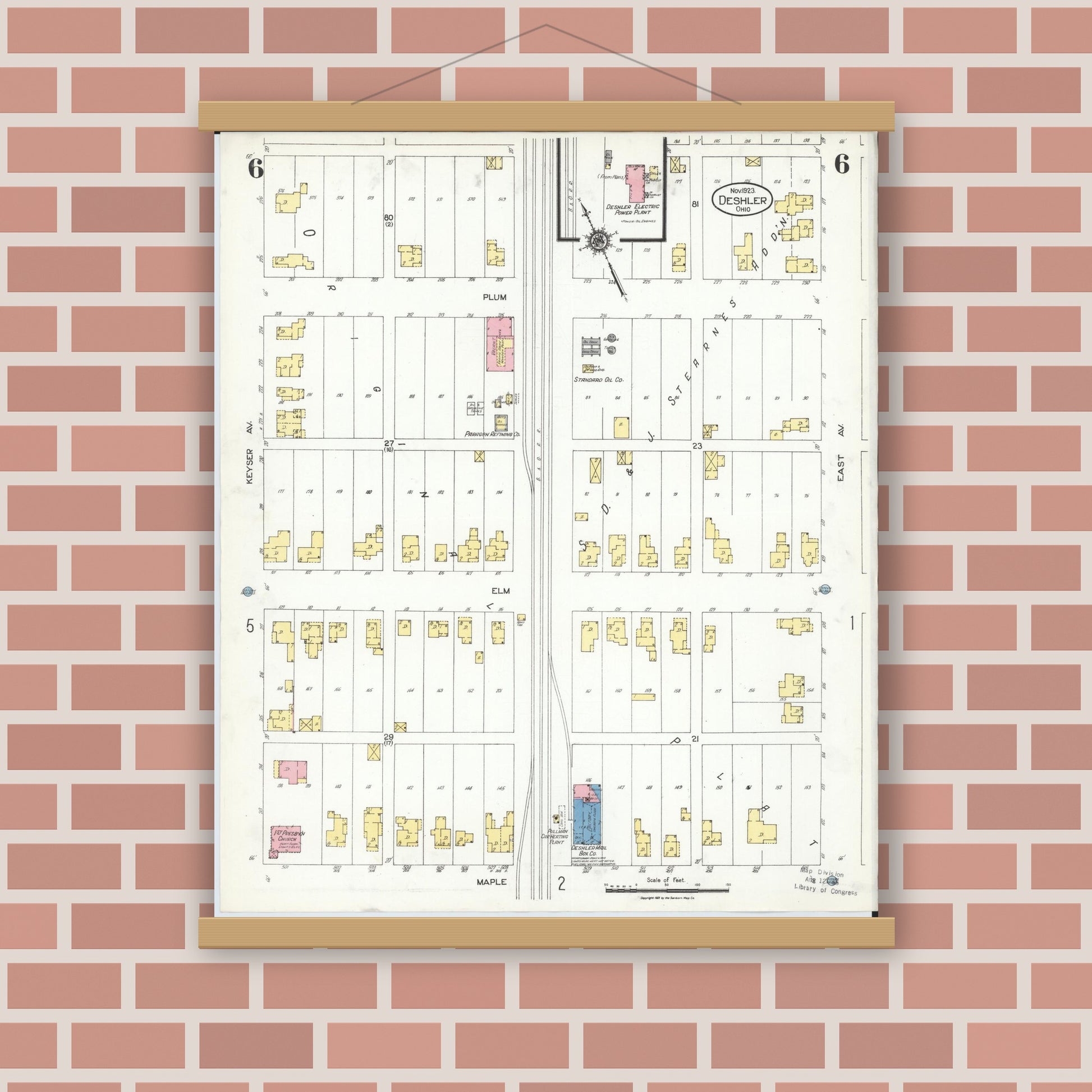 Old map wall art mockup — magnetic wood frame on brick wall — Sanborn Fire Insurance Map from Deshler, Henry County, Ohio (1923), Sheet #0006