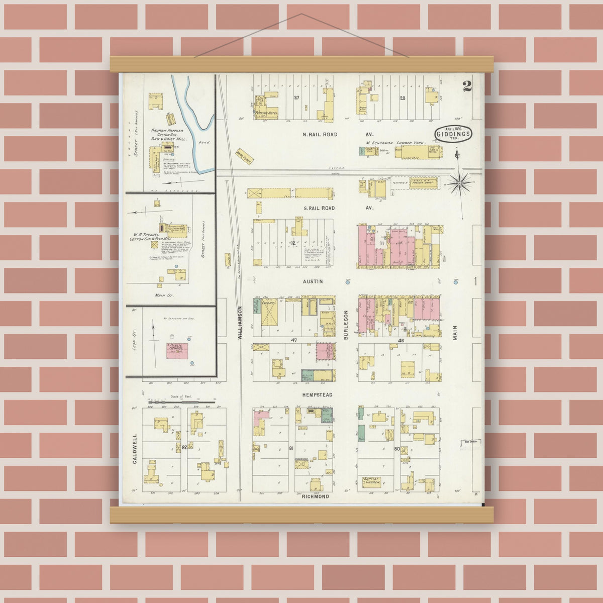 Old map wall art mockup — magnetic wood frame on brick wall — Sanborn Fire Insurance Map from Giddings, Lee County, Texas (1896), Sheet #0002