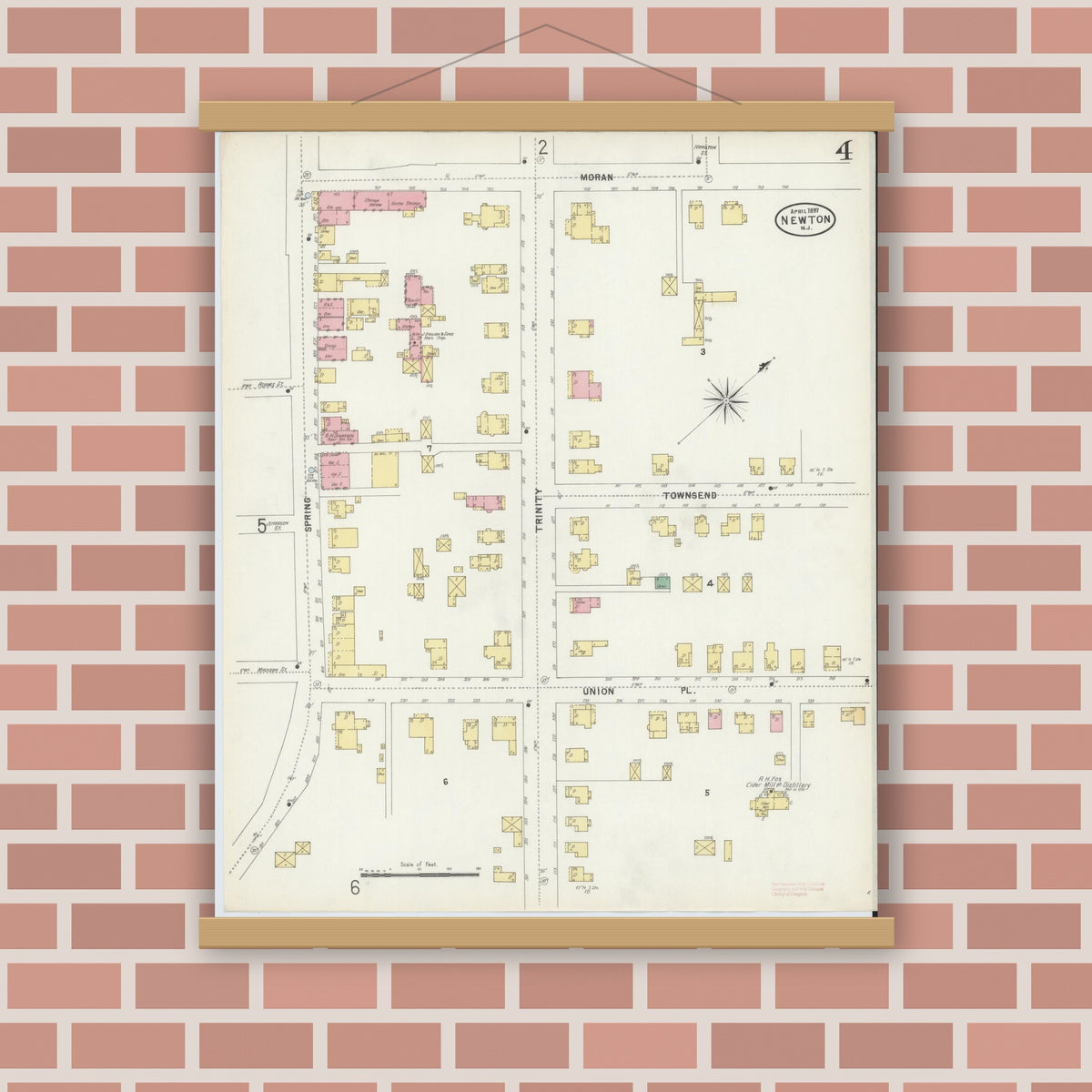 Old map wall art mockup — magnetic wood frame on brick wall — Sanborn Fire Insurance Map from Newton, Sussex County, New Jersey (1897), Sheet #0004