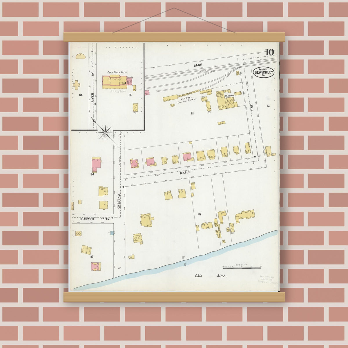 Old map wall art mockup — magnetic wood frame on brick wall — Sanborn Fire Insurance Map from Sewickley, Allegheny County, Pennsylvania (1900), Sheet #0010