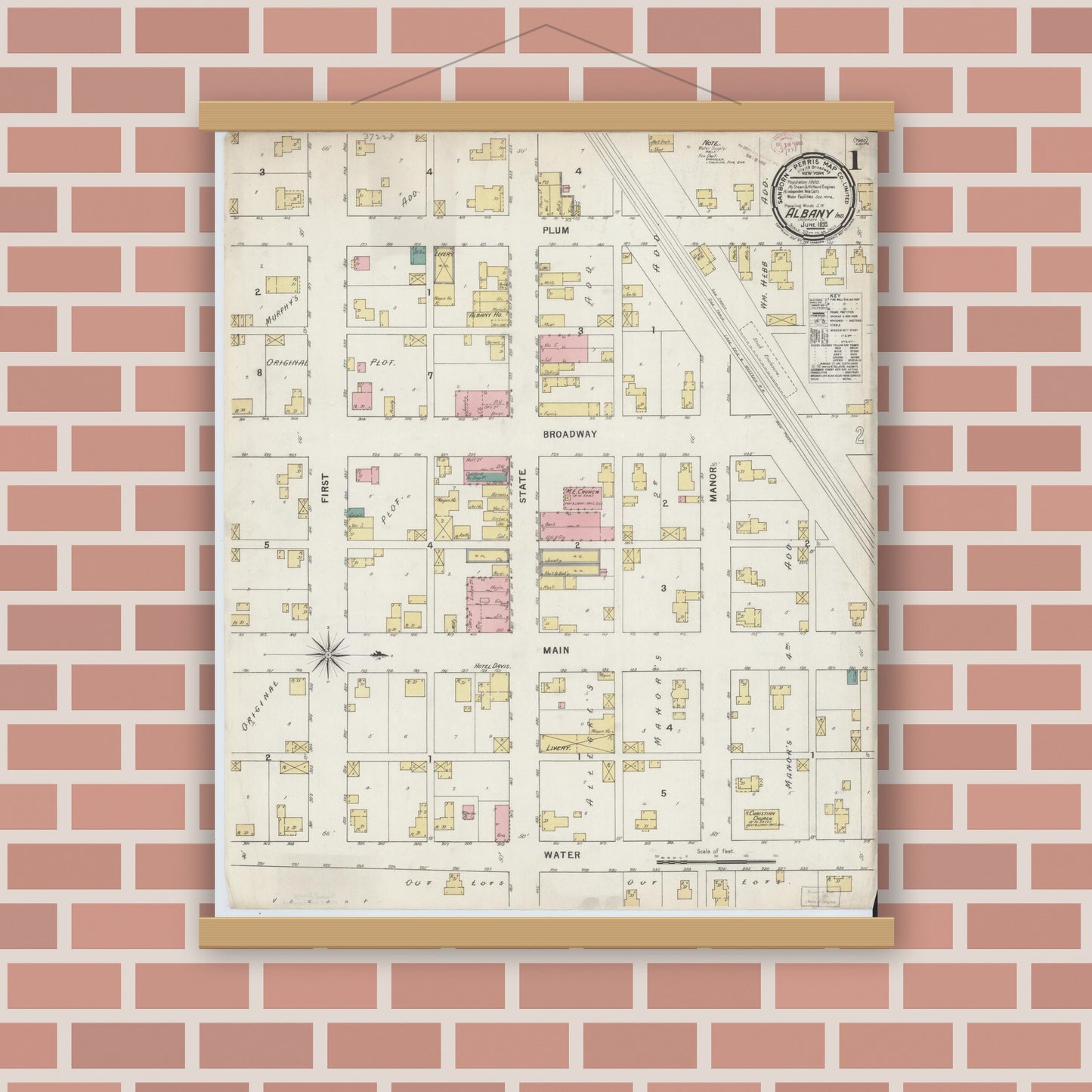 Old map wall art mockup — magnetic wood frame on brick wall — Sanborn Fire Insurance Map from Albany, Delaware County, Indiana (1895), Sheet #0001