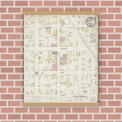 Old map wall art mockup — magnetic wood frame on brick wall — Sanborn Fire Insurance Map from Albany, Delaware County, Indiana (1895), Sheet #0001