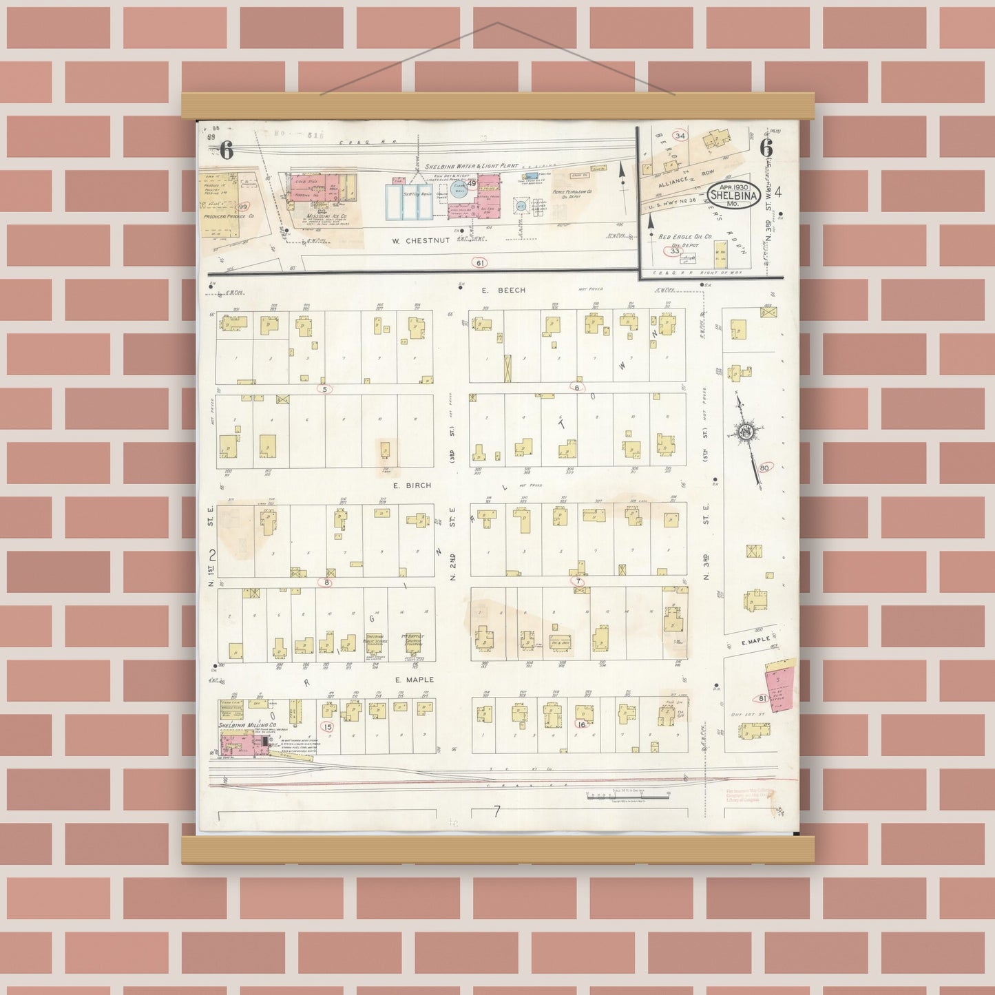 Old map wall art mockup — magnetic wood frame on brick wall — Sanborn Fire Insurance Map from Shelbina, Shelby County, Missouri (1943), Sheet #0006