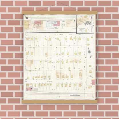 Old map wall art mockup — magnetic wood frame on brick wall — Sanborn Fire Insurance Map from Shelbina, Shelby County, Missouri (1943), Sheet #0006