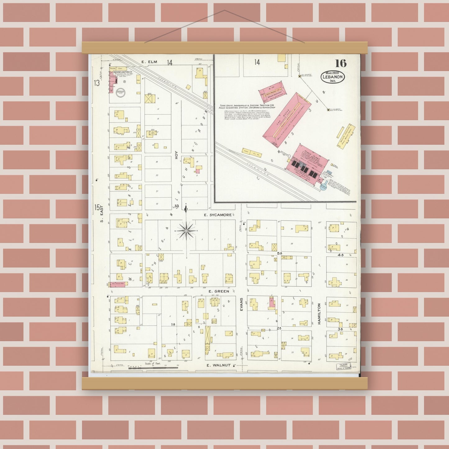 Old map wall art mockup — magnetic wood frame on brick wall — Sanborn Fire Insurance Map from Lebanon, Boone County, Indiana (1909), Sheet #0016