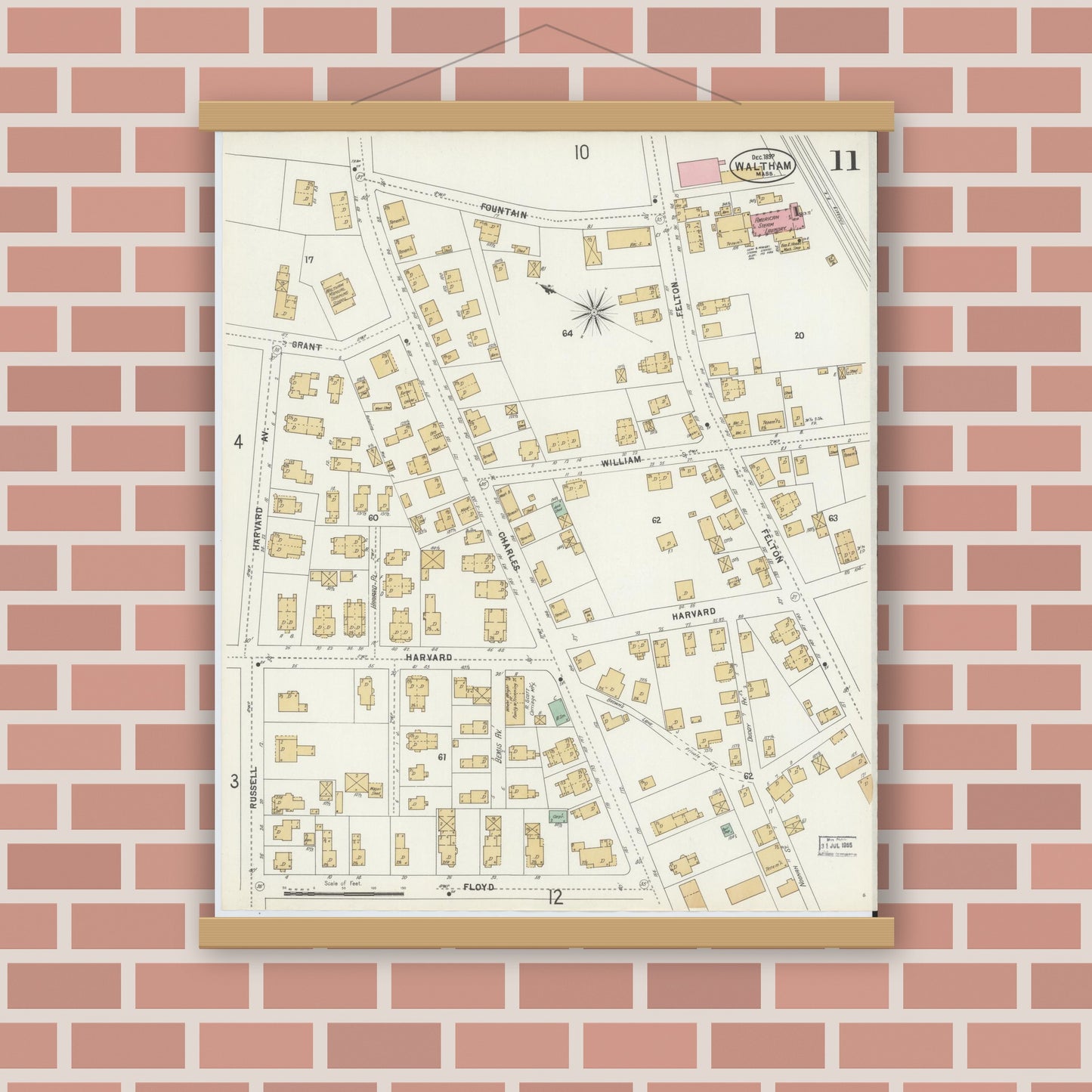Old map wall art mockup — magnetic wood frame on brick wall — Sanborn Fire Insurance Map from Waltham, Middlesex County, Massachusetts (1897), Sheet #0011