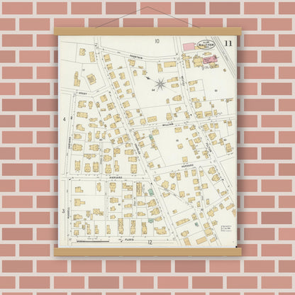 Old map wall art mockup — magnetic wood frame on brick wall — Sanborn Fire Insurance Map from Waltham, Middlesex County, Massachusetts (1897), Sheet #0011