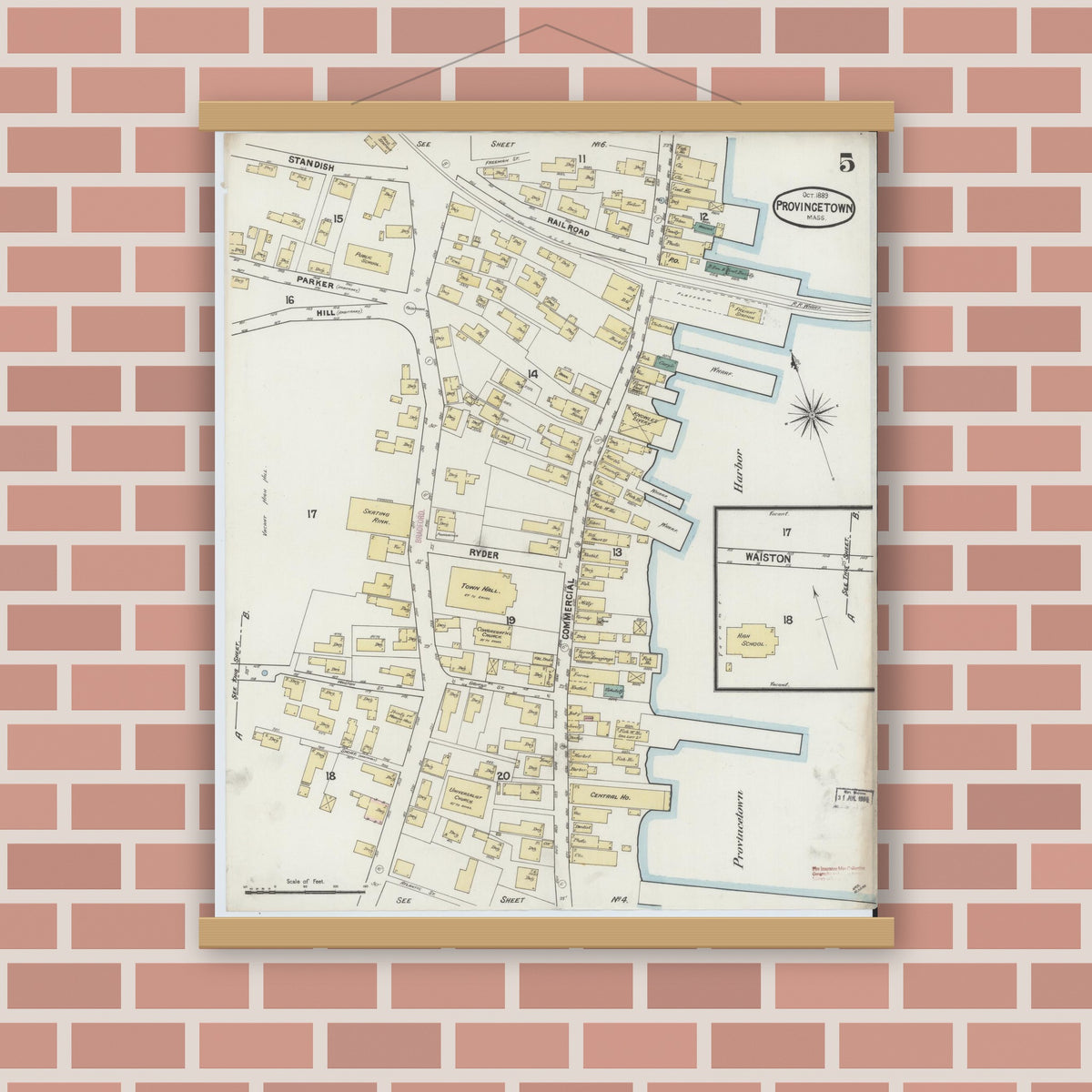 Old map wall art mockup — magnetic wood frame on brick wall — Sanborn Fire Insurance Map from Provincetown, Barnstable County, Massachusetts (1889), Sheet #0005