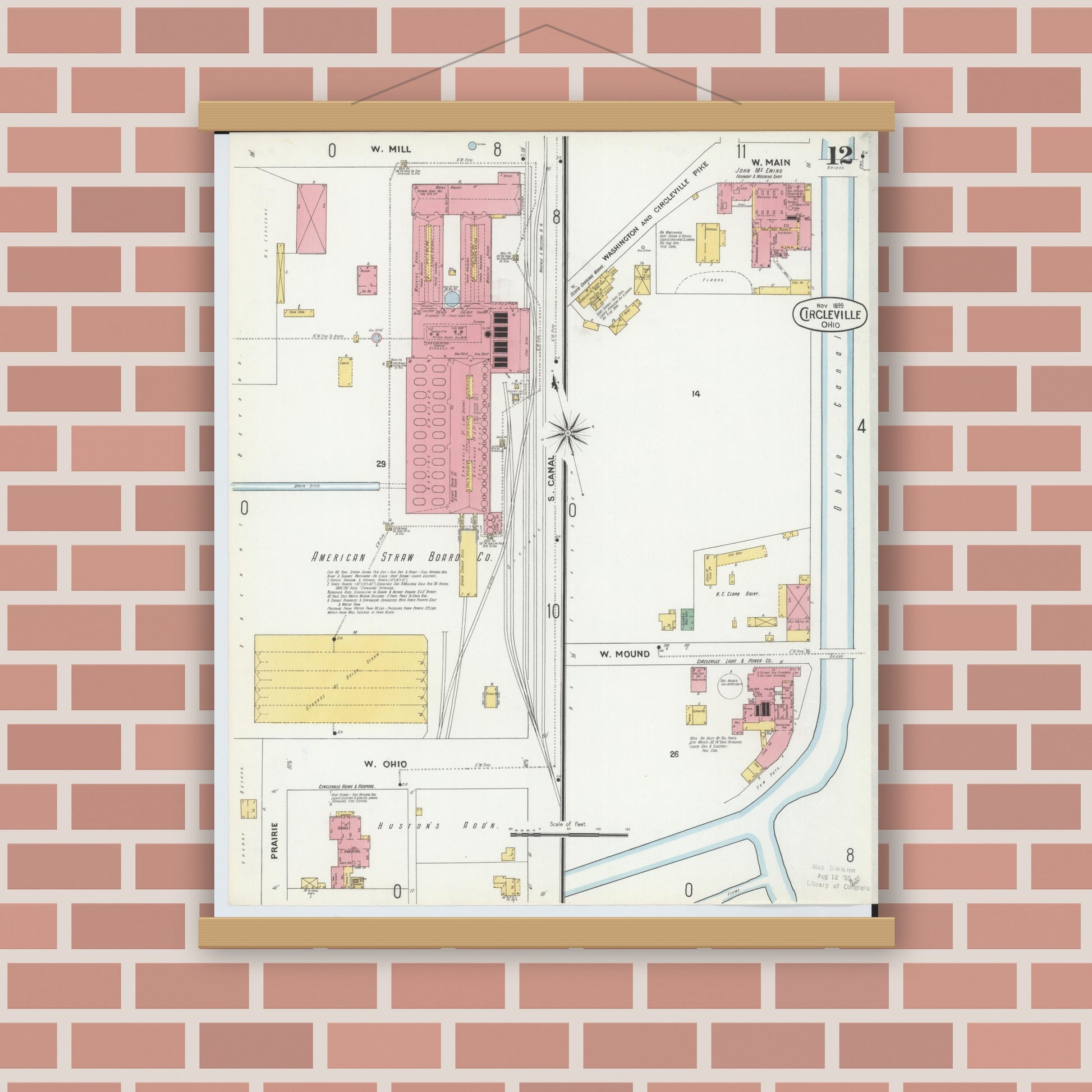 Old map wall art mockup — magnetic wood frame on brick wall — Sanborn Fire Insurance Map from Circleville, Pickaway County, Ohio (1899), Sheet #0012