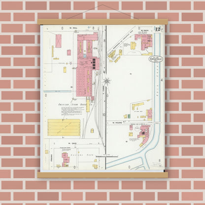 Old map wall art mockup — magnetic wood frame on brick wall — Sanborn Fire Insurance Map from Circleville, Pickaway County, Ohio (1899), Sheet #0012