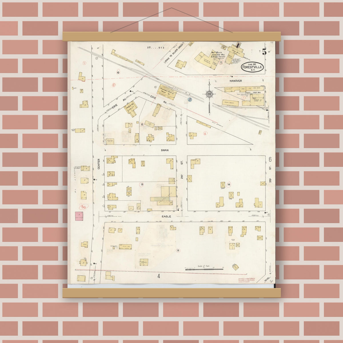 Old map wall art mockup — magnetic wood frame on brick wall — Sanborn Fire Insurance Map from Forestville, Chautauqua County, New York (1941), Sheet #0005
