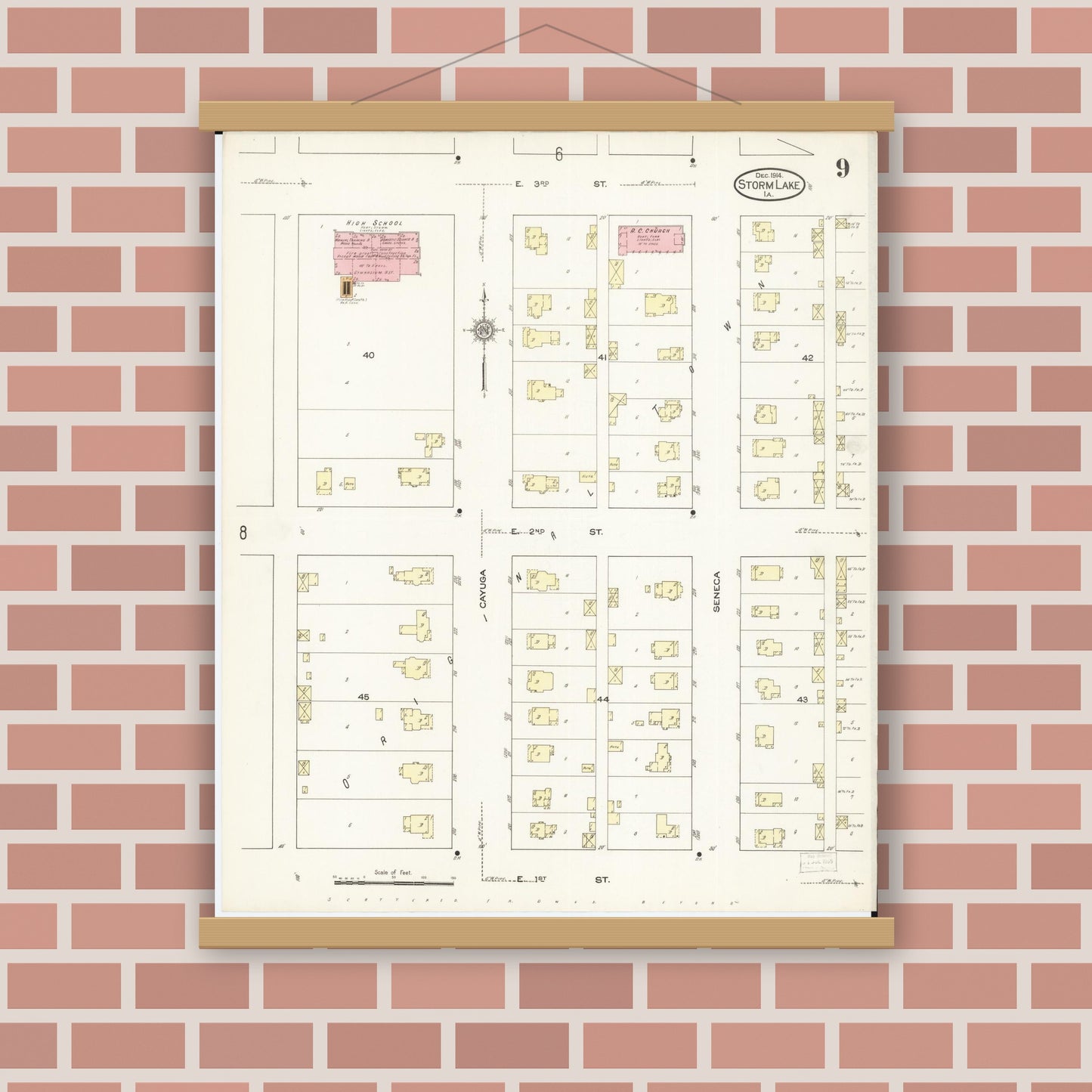 Old map wall art mockup — magnetic wood frame on brick wall — Sanborn Fire Insurance Map from Storm Lake, Buena Vista County, Iowa (1914), Sheet #0009
