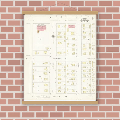 Old map wall art mockup — magnetic wood frame on brick wall — Sanborn Fire Insurance Map from Storm Lake, Buena Vista County, Iowa (1914), Sheet #0009