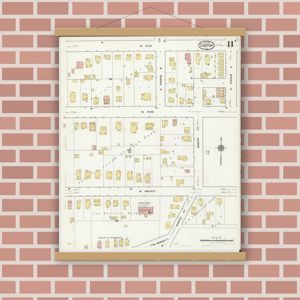 Old map wall art mockup — magnetic wood frame on brick wall — Sanborn Fire Insurance Map from Canton, Fulton County, Illinois (1917), Sheet #0011