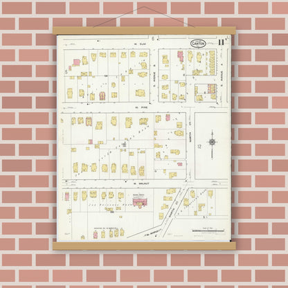 Old map wall art mockup — magnetic wood frame on brick wall — Sanborn Fire Insurance Map from Canton, Fulton County, Illinois (1917), Sheet #0011