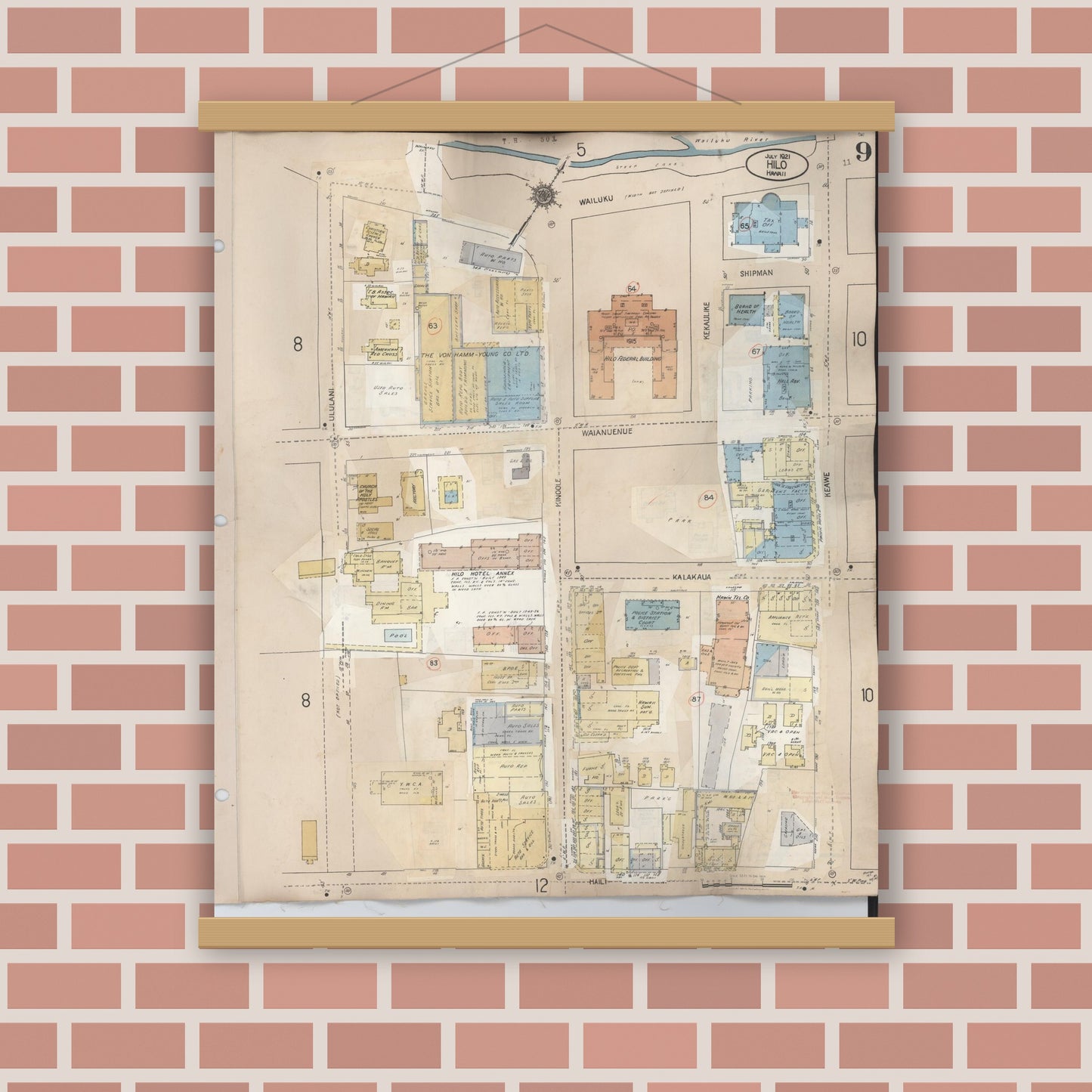Old map wall art mockup — magnetic wood frame on brick wall — Sanborn Fire Insurance Map from Hilo, Hawaii County, Hawaii (1957), Sheet #0009