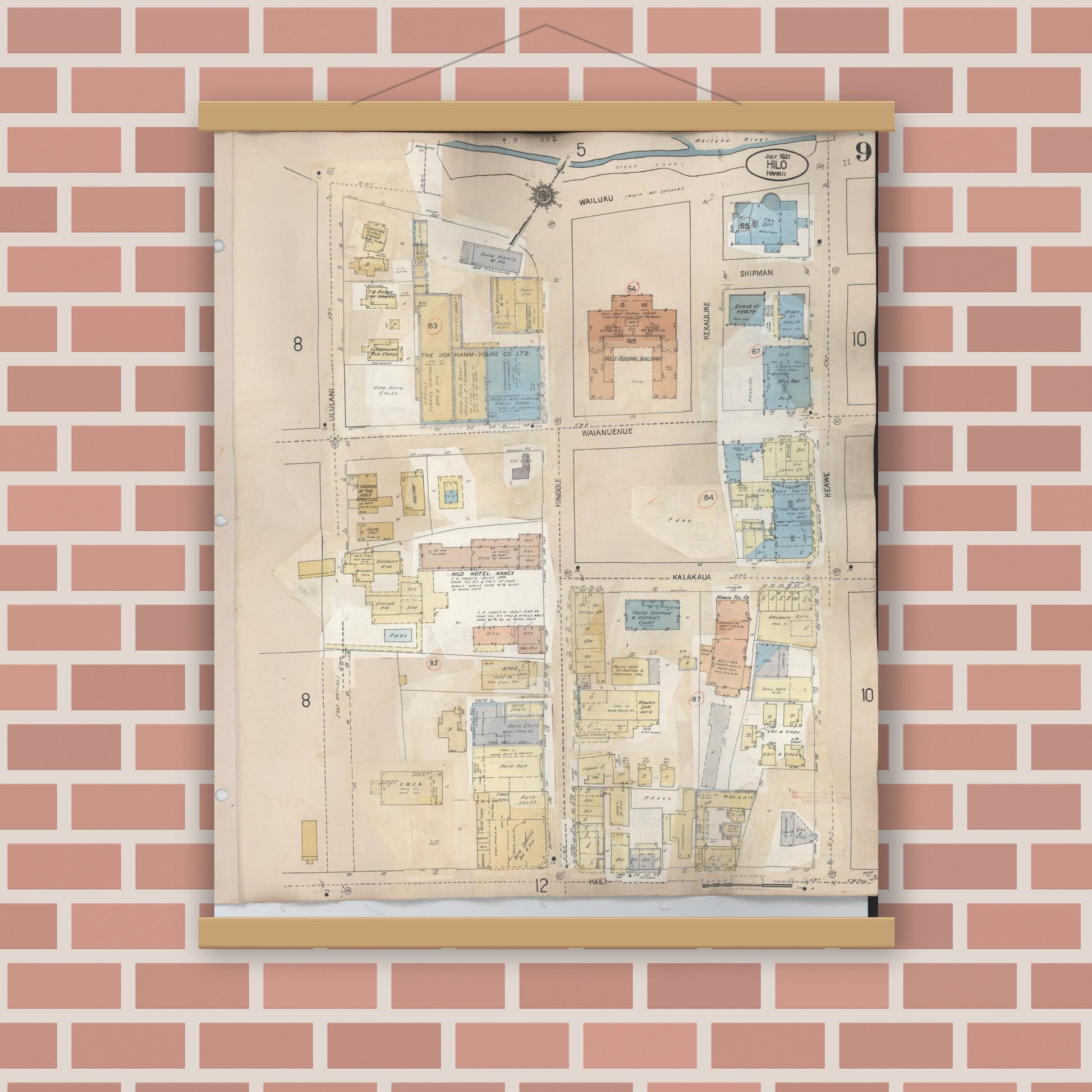 Old map wall art mockup — magnetic wood frame on brick wall — Sanborn Fire Insurance Map from Hilo, Hawaii County, Hawaii (1957), Sheet #0009