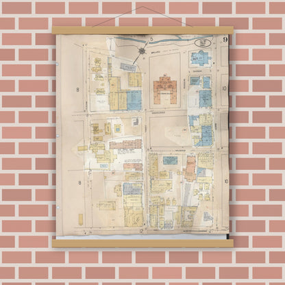 Old map wall art mockup — magnetic wood frame on brick wall — Sanborn Fire Insurance Map from Hilo, Hawaii County, Hawaii (1957), Sheet #0009