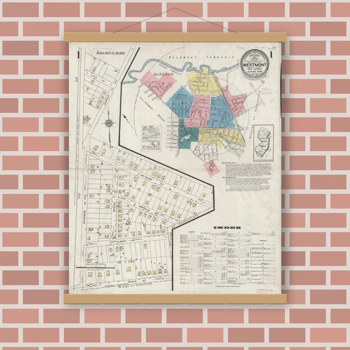 Old map wall art mockup — magnetic wood frame on brick wall — Sanborn Fire Insurance Map from Westmont, Camden County, New Jersey (1925), Sheet #0001