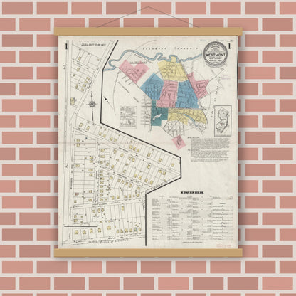 Old map wall art mockup — magnetic wood frame on brick wall — Sanborn Fire Insurance Map from Westmont, Camden County, New Jersey (1925), Sheet #0001