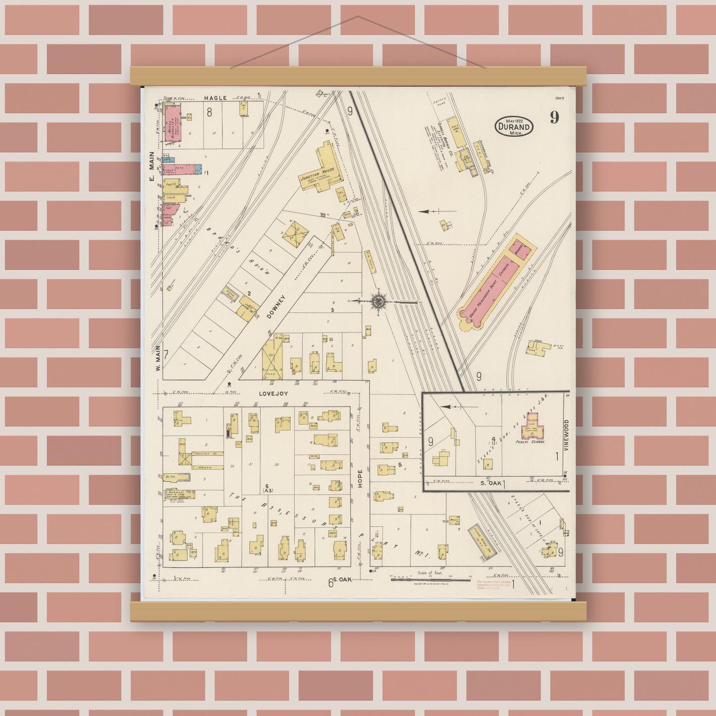 Old map wall art mockup — magnetic wood frame on brick wall — Sanborn Fire Insurance Map from Durand, Shiawassee County, Michigan (1922), Sheet #0009