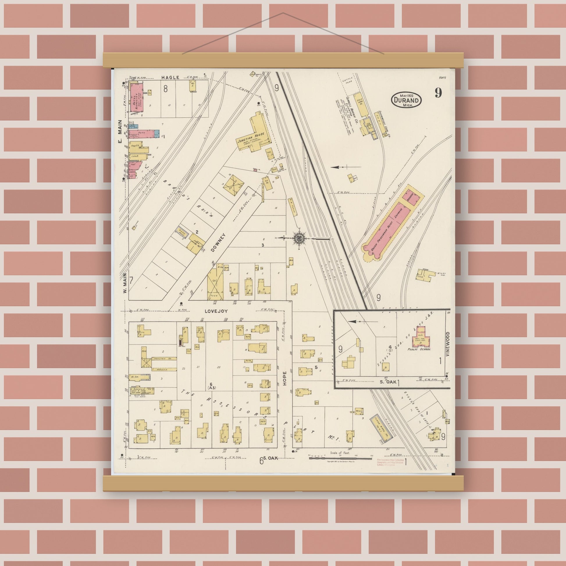 Old map wall art mockup — magnetic wood frame on brick wall — Sanborn Fire Insurance Map from Durand, Shiawassee County, Michigan (1922), Sheet #0009