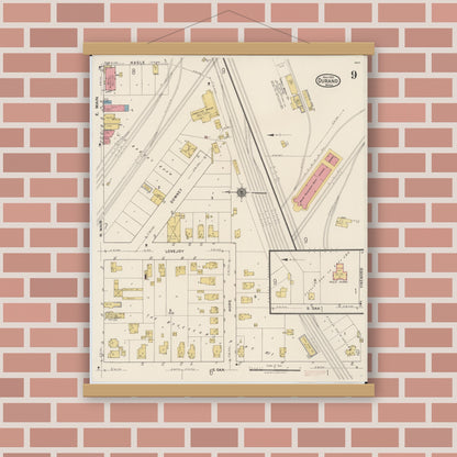 Old map wall art mockup — magnetic wood frame on brick wall — Sanborn Fire Insurance Map from Durand, Shiawassee County, Michigan (1922), Sheet #0009