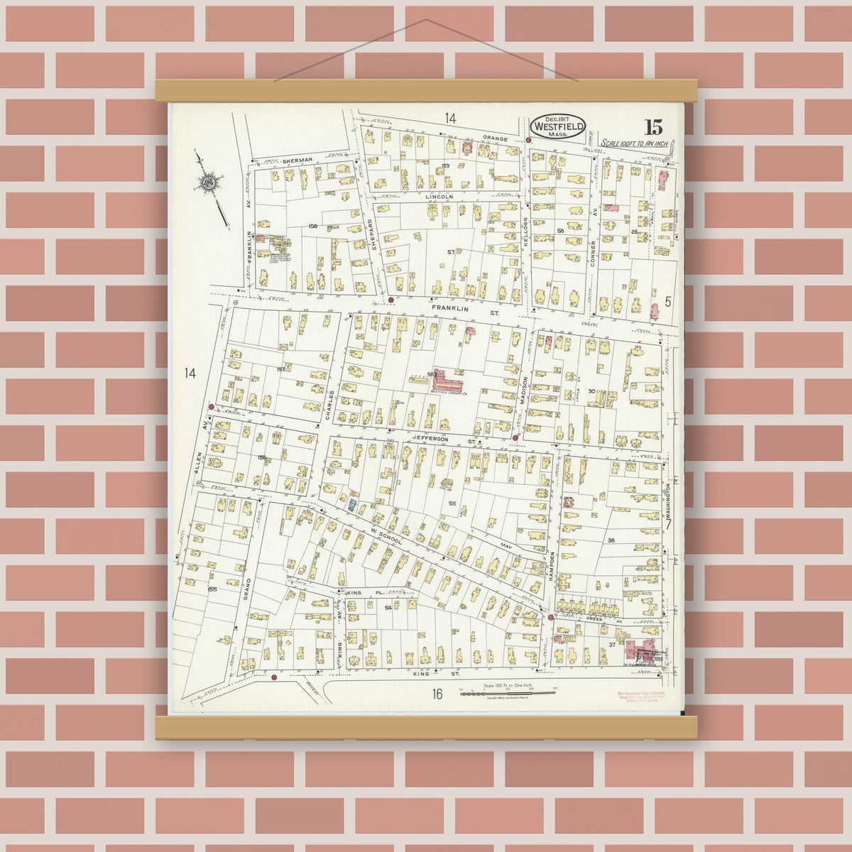 Old map wall art mockup — magnetic wood frame on brick wall — Sanborn Fire Insurance Map from Westfield, Hampden County, Massachusetts (1917), Sheet #0015