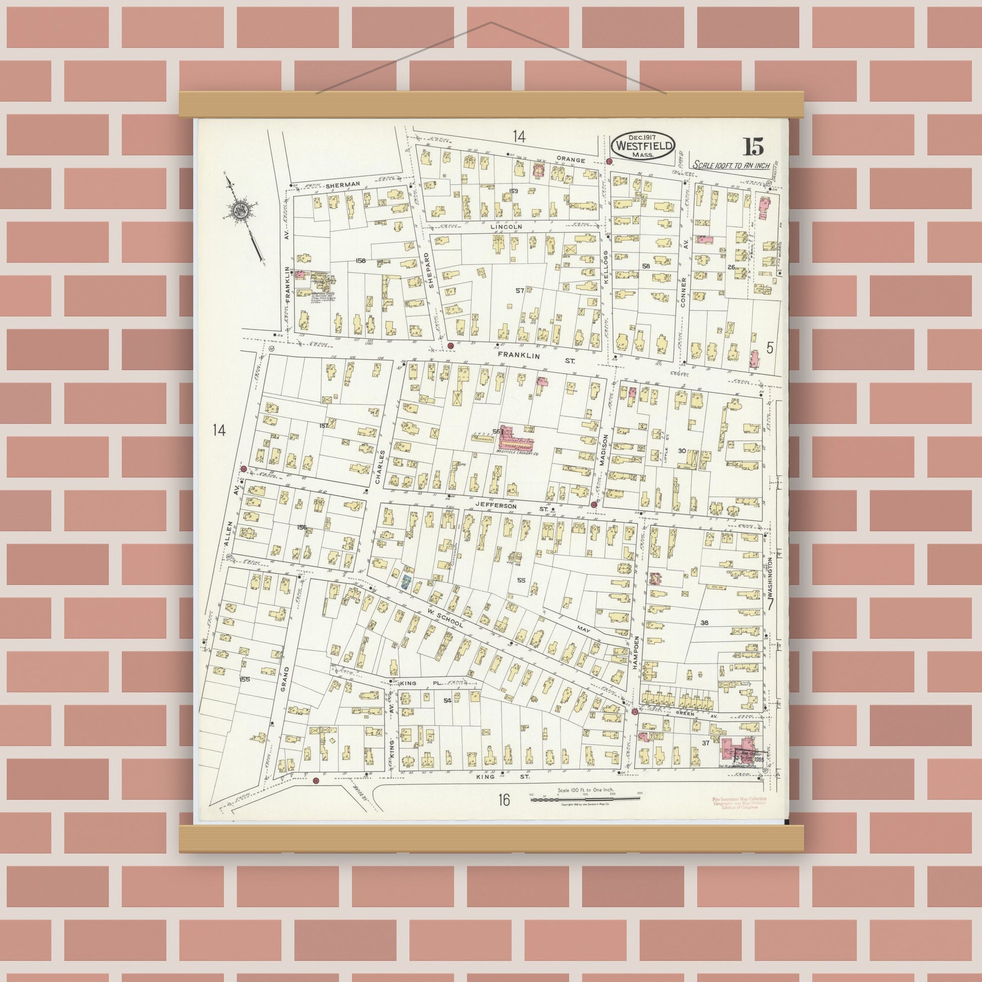 Old map wall art mockup — magnetic wood frame on brick wall — Sanborn Fire Insurance Map from Westfield, Hampden County, Massachusetts (1917), Sheet #0015