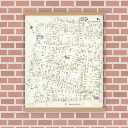 Old map wall art mockup — magnetic wood frame on brick wall — Sanborn Fire Insurance Map from Westfield, Hampden County, Massachusetts (1917), Sheet #0015
