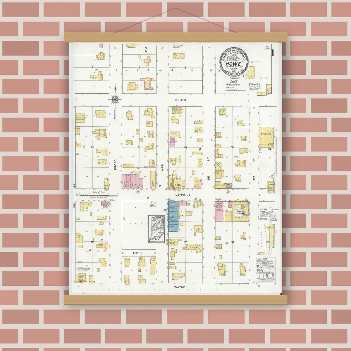 Old map wall art mockup — magnetic wood frame on brick wall — Sanborn Fire Insurance Map from Howe, LaGrange County, Indiana (1917), Sheet #0001