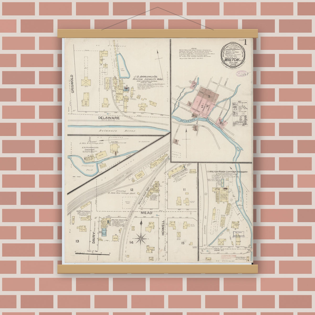 Old map wall art mockup — magnetic wood frame on brick wall — Sanborn Fire Insurance Map from Walton, Delaware County, New York (1886) - Complete Map Set