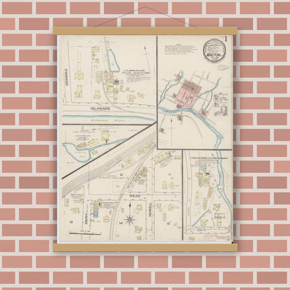 Old map wall art mockup — magnetic wood frame on brick wall — Sanborn Fire Insurance Map from Walton, Delaware County, New York (1886) - Complete Map Set
