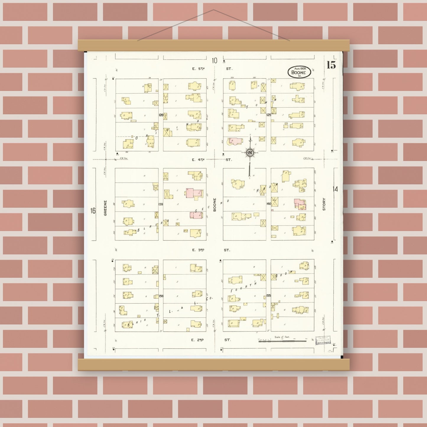 Old map wall art mockup — magnetic wood frame on brick wall — Sanborn Fire Insurance Map from Boone, Boone County, Iowa (1909), Sheet #0015