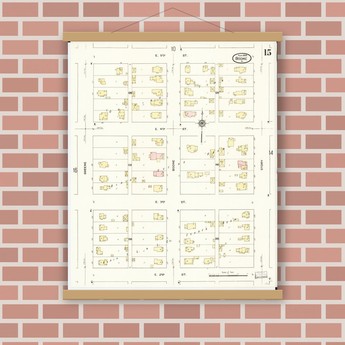 Old map wall art mockup — magnetic wood frame on brick wall — Sanborn Fire Insurance Map from Boone, Boone County, Iowa (1909), Sheet #0015
