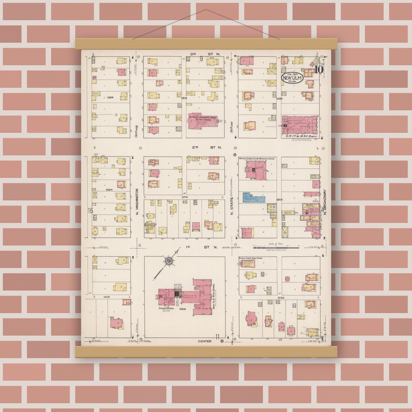 Old map wall art mockup — magnetic wood frame on brick wall — Sanborn Fire Insurance Map from New Ulm, Brown County, Minnesota (1922), Sheet #0010